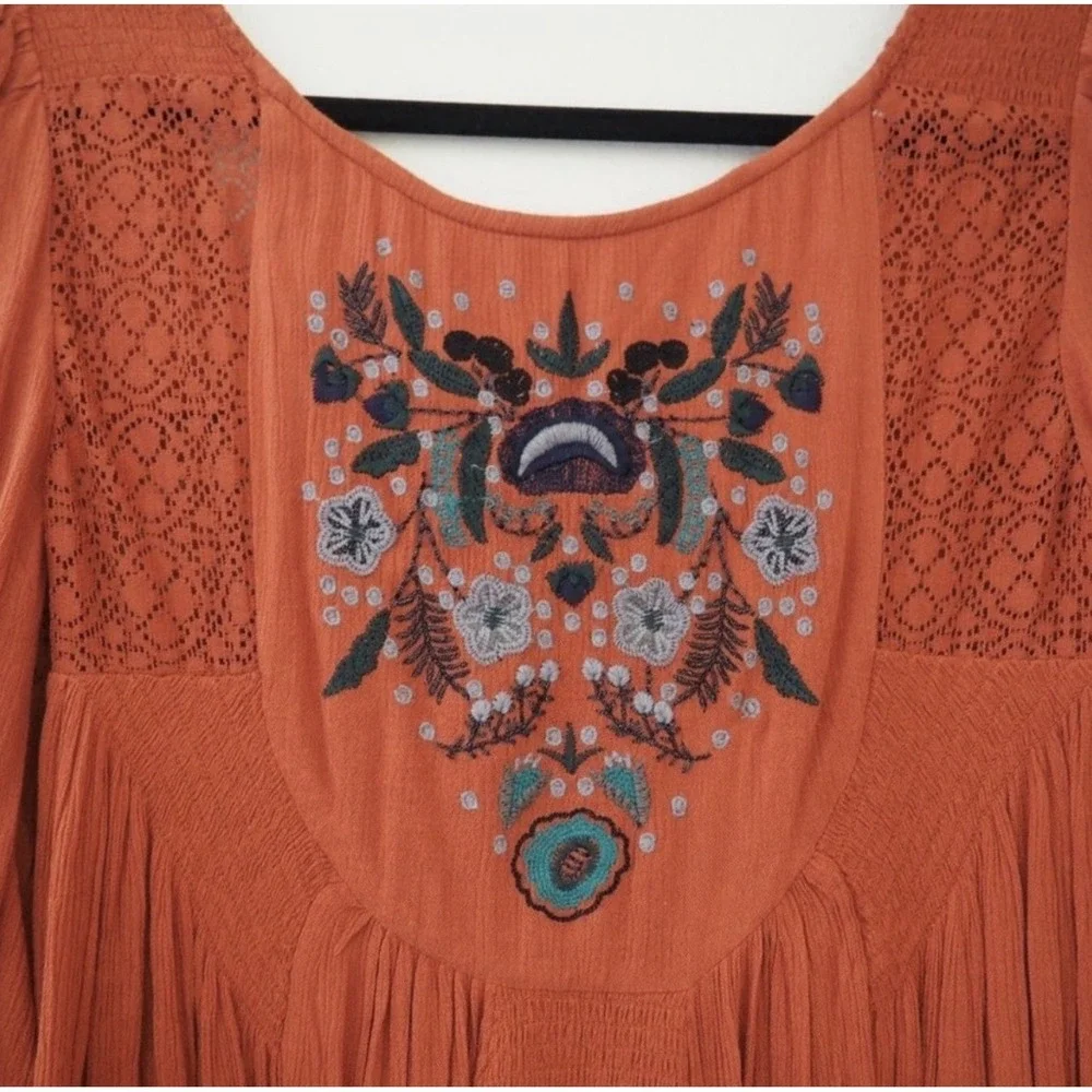 Free People Desert Dreams Embroidered Mini Dress Orange Boho Babydoll Size M